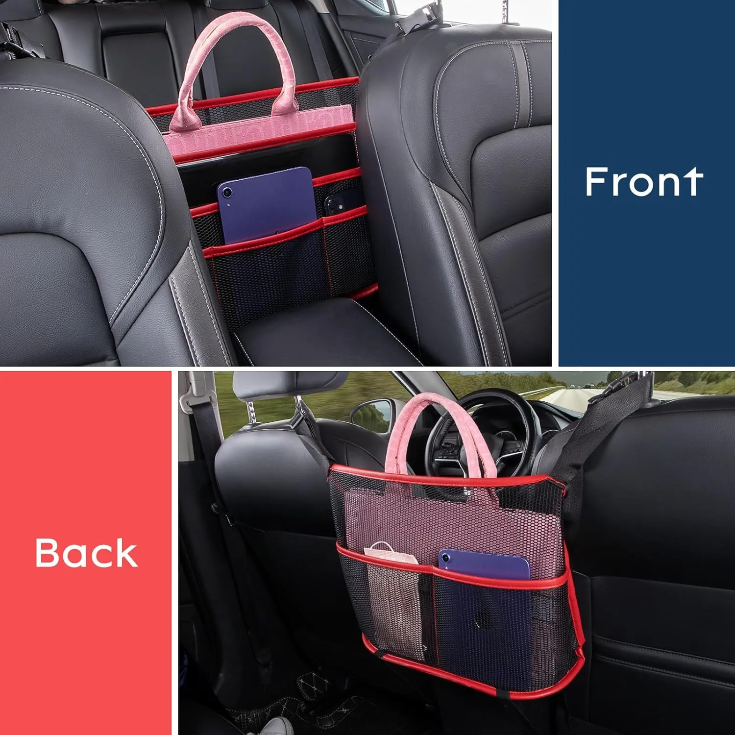 eing Car Seat Organizer Seat Back Storage Bag, Car Net Pocket Handbag Holder, Barrier of Backseat Dog Pet Kids for Car, Automotive Consoles Purse Holder, Black Red Line
