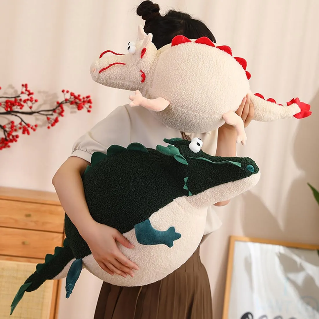 ELAINREN Chubby Green Dragon Plush Pillow Ultra-Soft Chinese Dragon Stuffed Toy,Cuddle Round Dragon Lion Plushie Cushion Decor Gifts/23.6''
