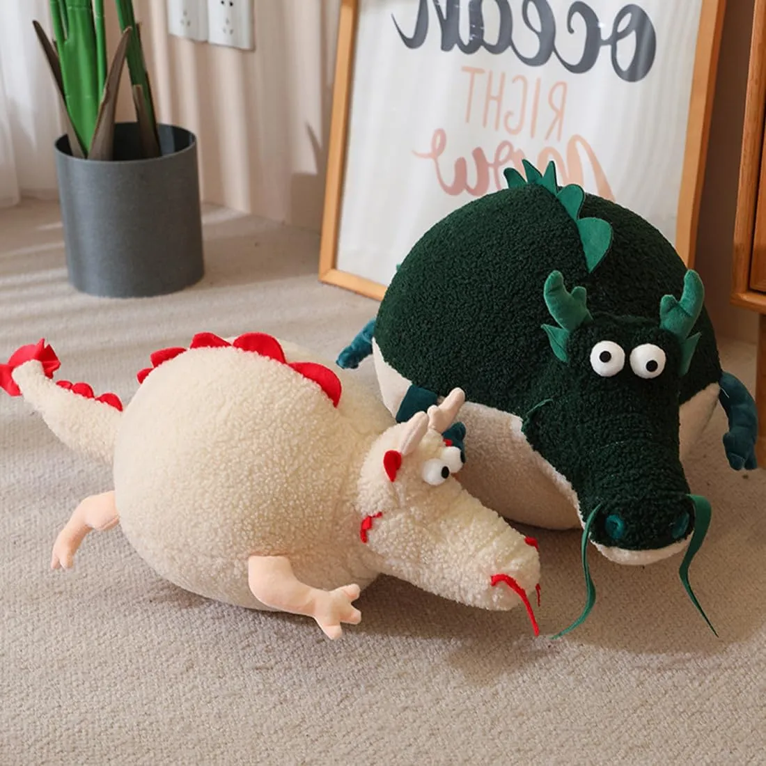 ELAINREN Chubby Green Dragon Plush Pillow Ultra-Soft Chinese Dragon Stuffed Toy,Cuddle Round Dragon Lion Plushie Cushion Decor Gifts/23.6''