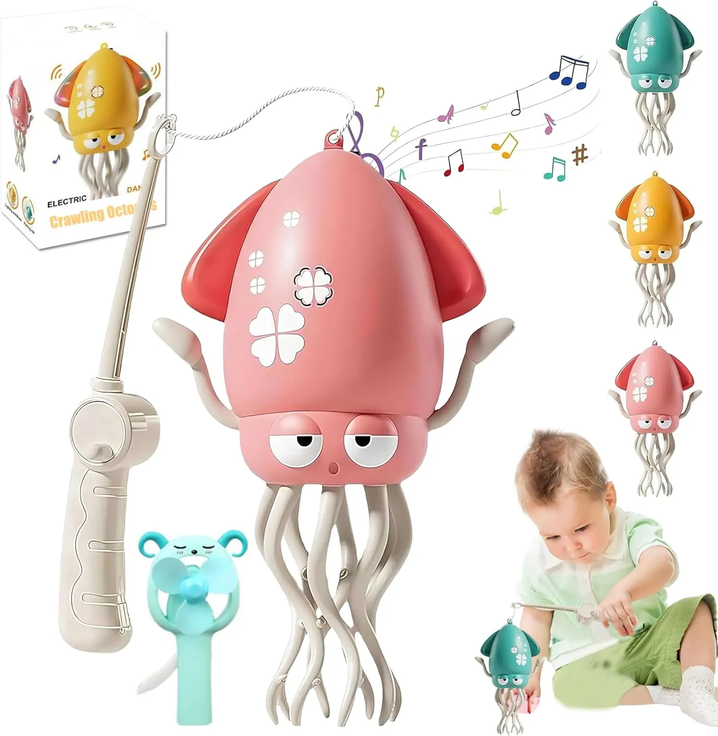 Electric Crawling Octopus Toy, Electric Dancing Octopus Toy, Dancing Squid Toys, Automatic Obstacle Avoidance Sensor Toys, Upright & Crawling Two Modes, LED Lights & Music, USB Rechargeable (PINK)