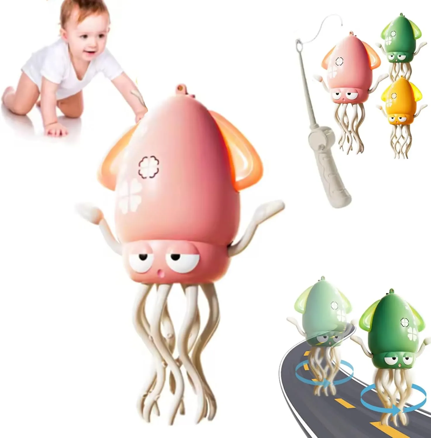 Electric Crawling Octopus Toy,Magical Dancing Octopus Tummy Time Toy,with LED & Music with Fishing Rods Rechargeable Charging (Pink)