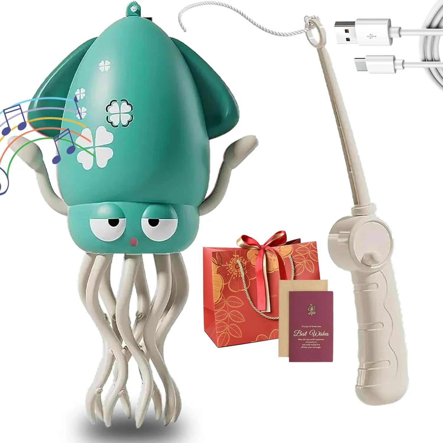 Electric Dancing Octopus Toy, Electric Automatic Obstacle Avoidance Octopus, Interactive Electronic Pet with LED Lights & Music, Avoidance Sensor | USB Rechargeable, with Fishing Rod (Green-1)