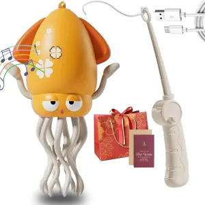 Electric Dancing Octopus Toy, Electric Automatic Obstacle Avoidance Octopus, Interactive Electronic Pet with LED Lights & Music, Avoidance Sensor | USB Rechargeable, with Fishing Rod (Yellow-1)
