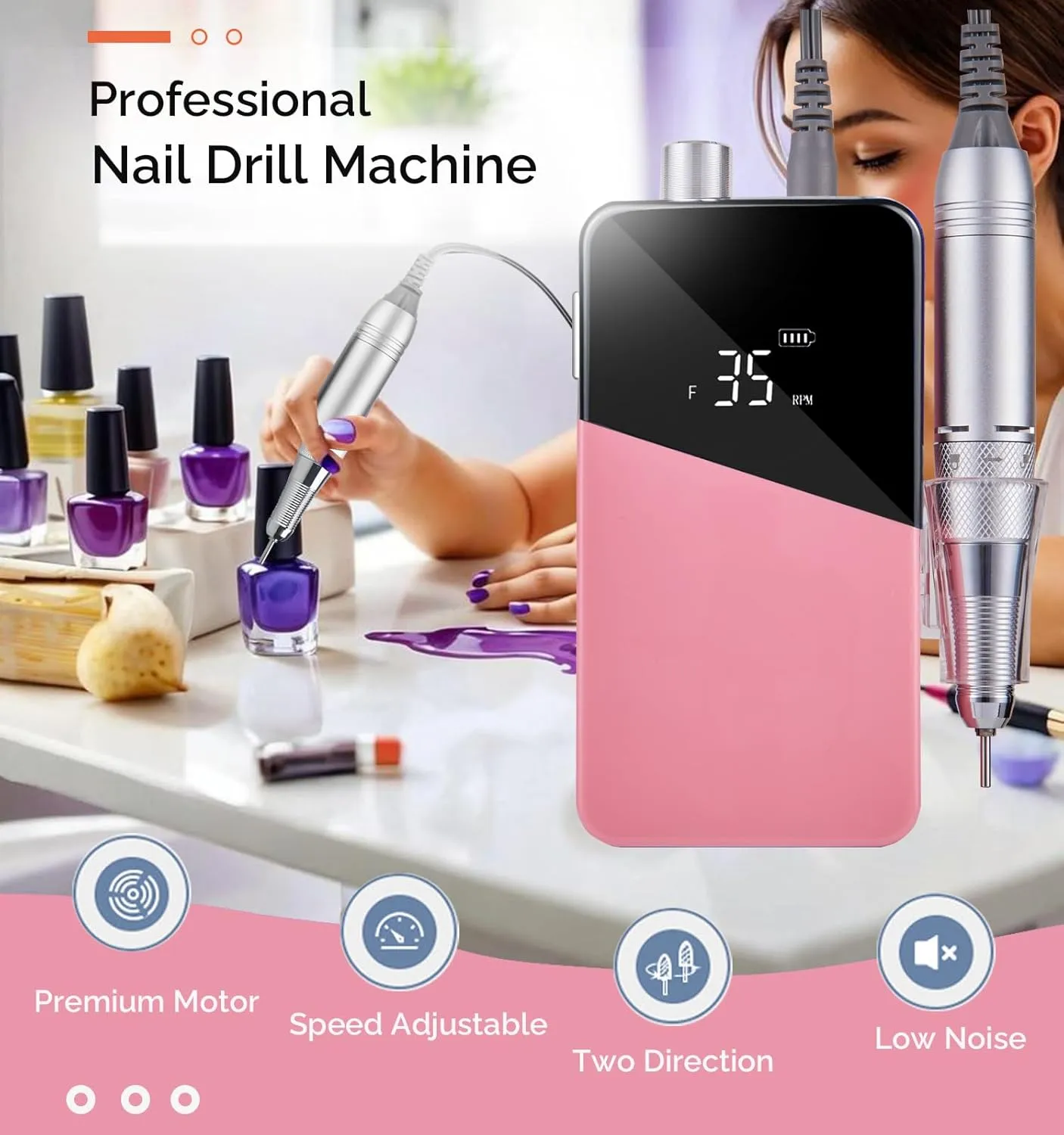 Electric Nail Drill Machine,Lumcrissy Colorful Rechargeable 35000 RPM Nail Drill Portable E-File with Detachable Battery,Portable Electric Acrylic Nail Tools ,Polishing,Nail Removing (Pure Pink)