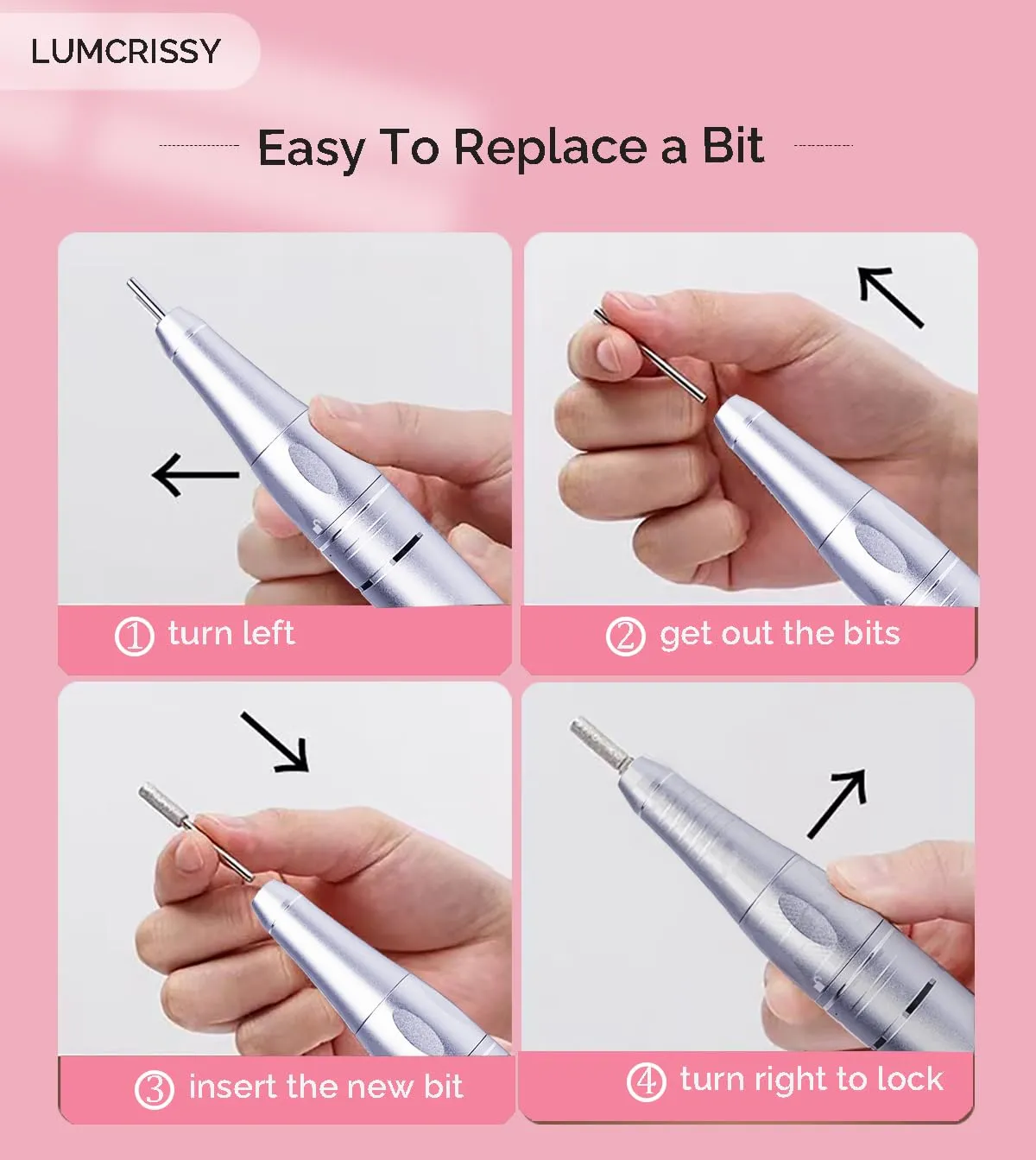 Electric Nail Drill Machine,Lumcrissy Colorful Rechargeable 35000 RPM Nail Drill Portable E-File with Detachable Battery,Portable Electric Acrylic Nail Tools ,Polishing,Nail Removing (Pure Pink)