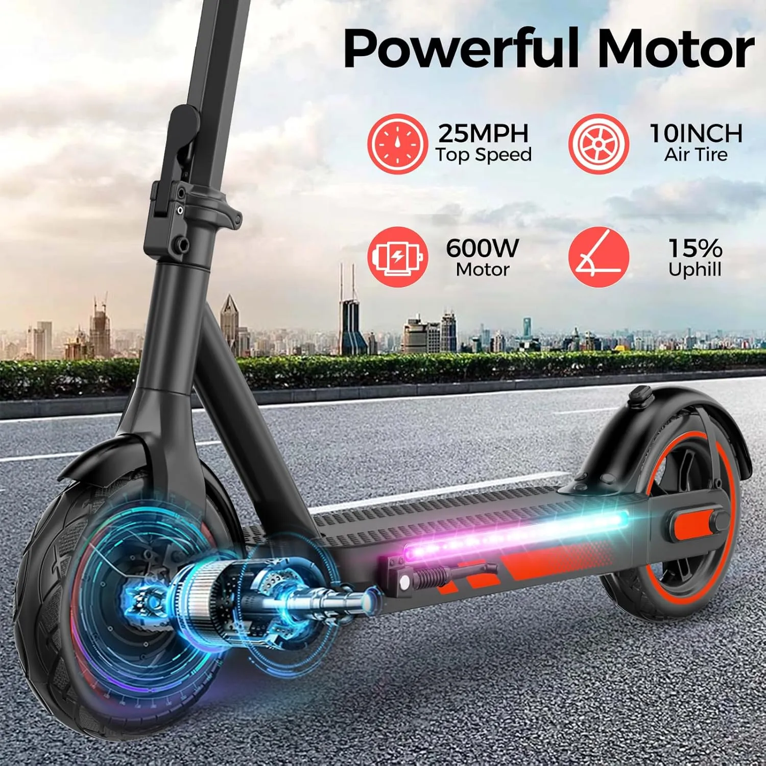 Electric Scooter, 8.5" 10" Tires, 350W/500W/600W Motor, Up to 19/25 MPH and 21/22/28 Miles Long-Range, Folding E-Scooter for Adults with Drum Braking System, App Control
