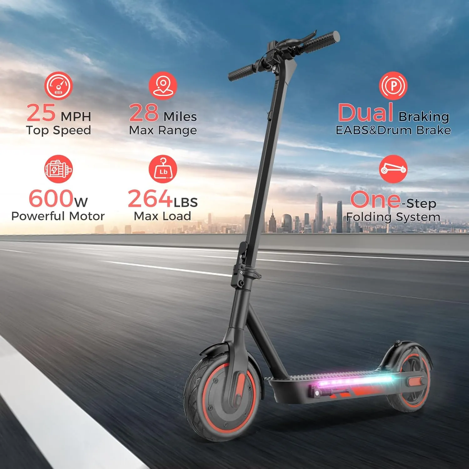 Electric Scooter, 8.5" 10" Tires, 350W/500W/600W Motor, Up to 19/25 MPH and 21/22/28 Miles Long-Range, Folding E-Scooter for Adults with Drum Braking System, App Control