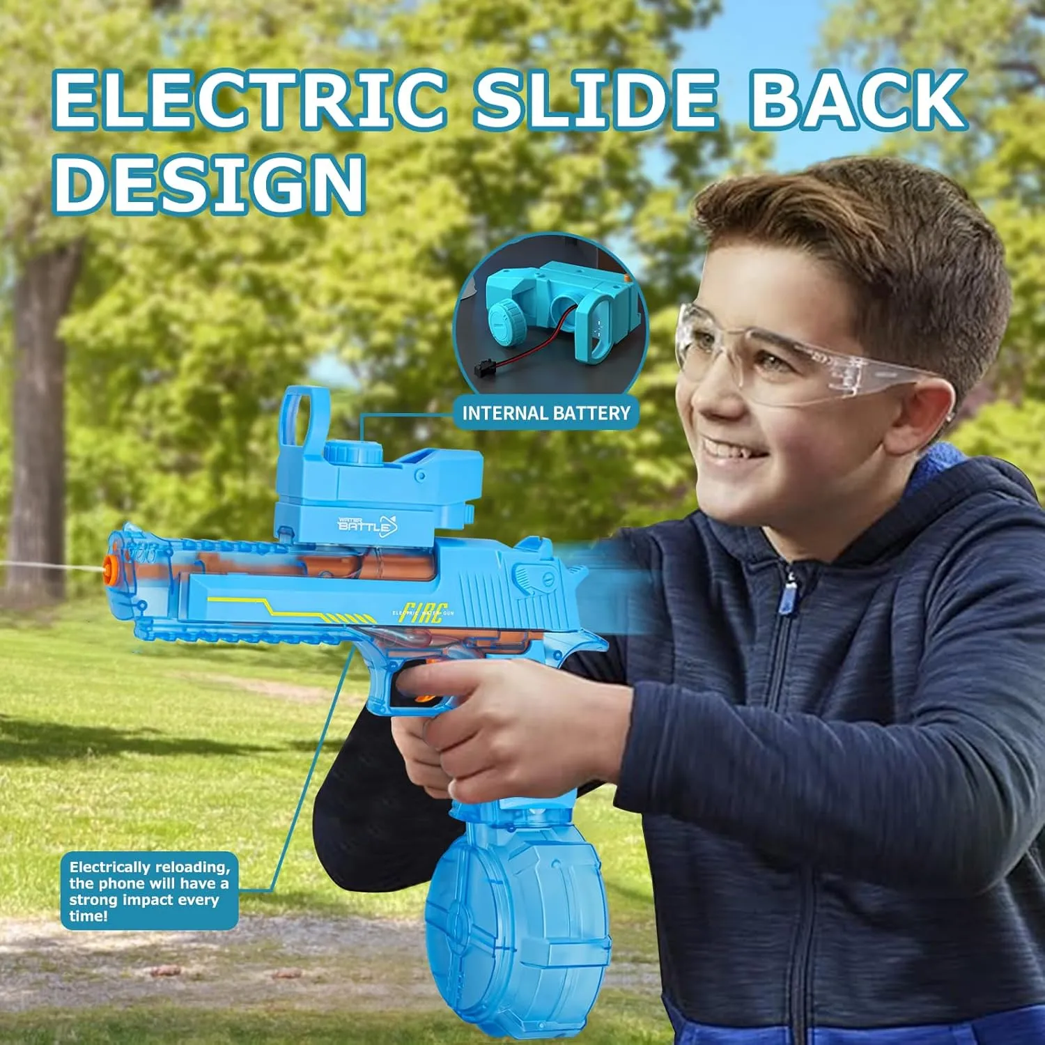 Electric Water Pistol, Transparent Automatic Squirt Guns Up to 25 FT Range, 370CC Large Capacity Strong Water Guns, Desert Eagle Water Gun Toys for Kids & Adults Summer Swimming Pool Beach (Blue)