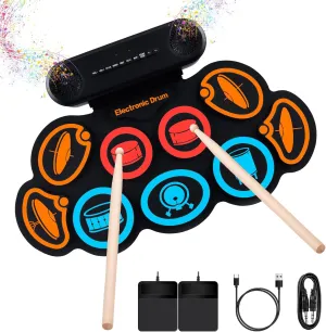 Electronic Drum Set, 9-Pads Roll-Up Electric Drum Pad Kit with Headphone Jack 10Hrs Playtime Built-in Speaker with Drumsticks Pedals, Xmas Birthday Gift for Adults,Student (Colorful)