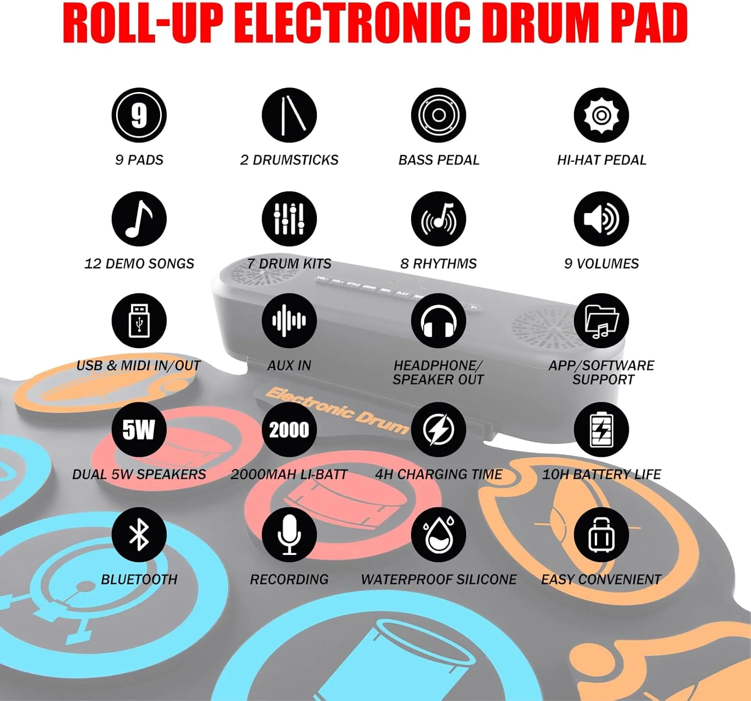 Electronic Drum Set, 9-Pads Roll-Up Electric Drum Pad Kit with Headphone Jack 10Hrs Playtime Built-in Speaker with Drumsticks Pedals, Xmas Birthday Gift for Adults,Student (Colorful)