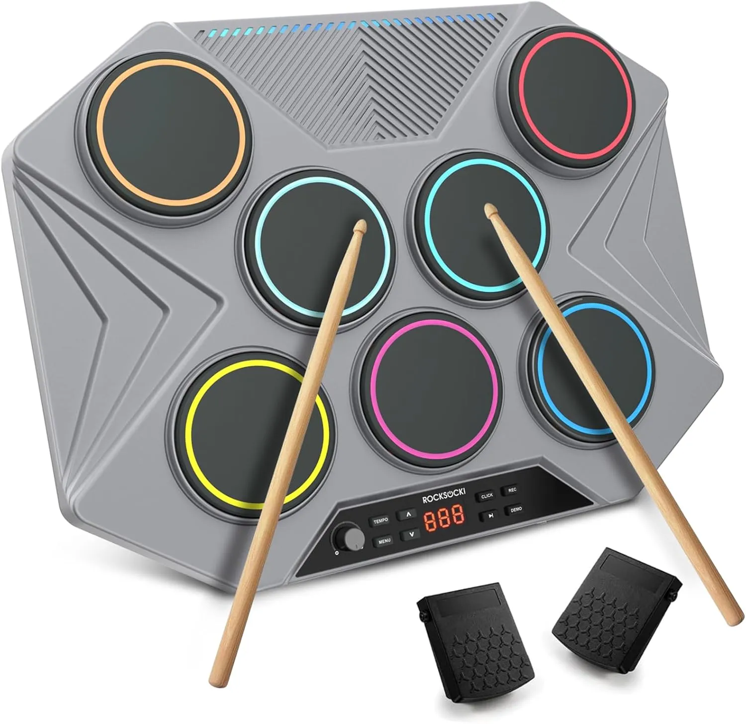 Electronic Tabletop Drum Set, Portable Digital Drum Kit 7 Velocity Sensitivity Drum Pads, LED Music Level Light, USB-MIDI Mac & PC Support, Ideal Gift for Adult and Beginners