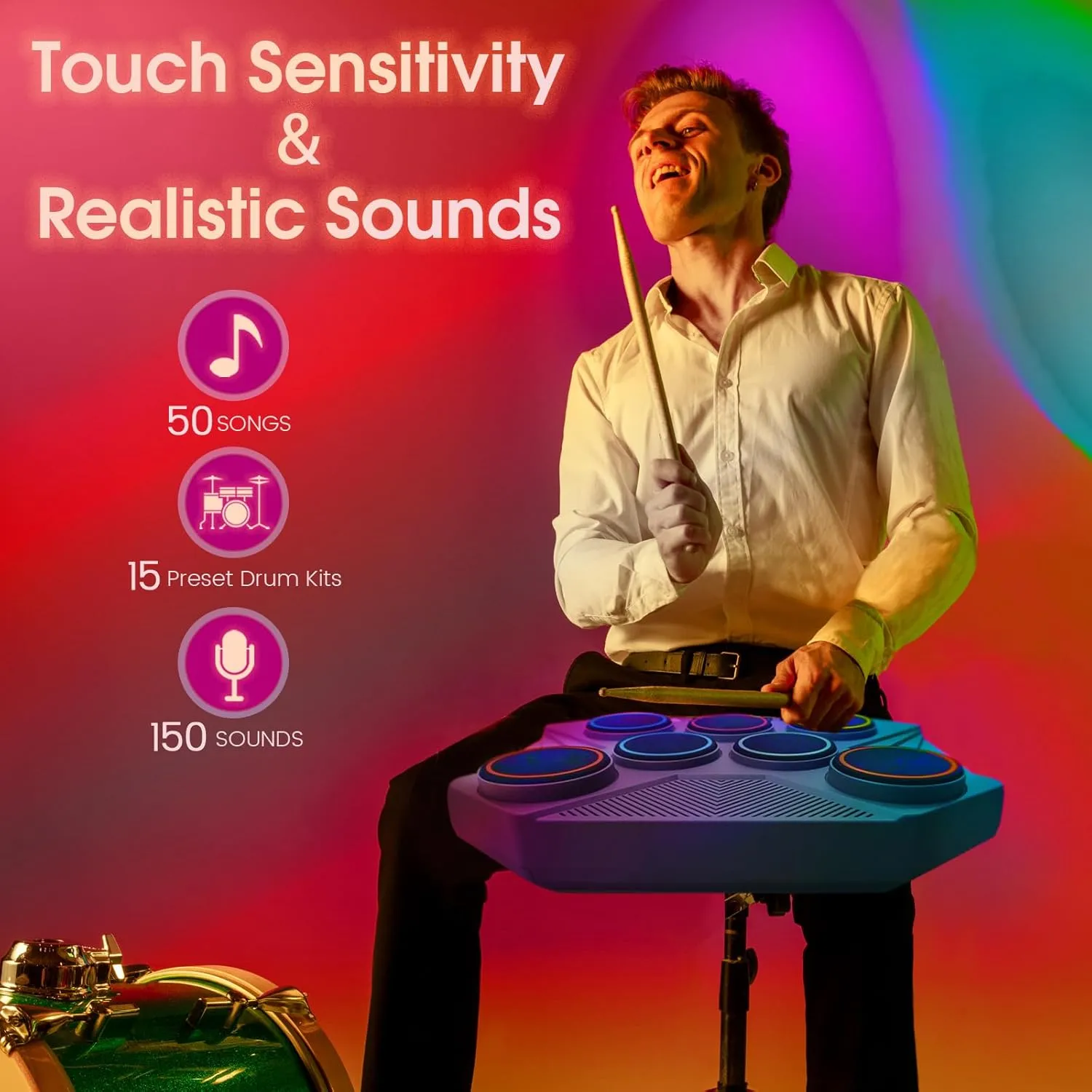 Electronic Tabletop Drum Set, Portable Digital Drum Kit 7 Velocity Sensitivity Drum Pads, LED Music Level Light, USB-MIDI Mac & PC Support, Ideal Gift for Adult and Beginners