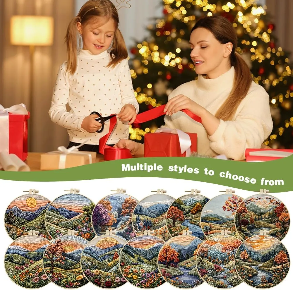 Embroidery Starter Kit for Adult Beginner with Landscape Tree Mountain River Floral Nature Scenery Pattern Cross Stitch Hand Embroidery Set DIY Cross Stitch Kits with Hoops Needles Threads