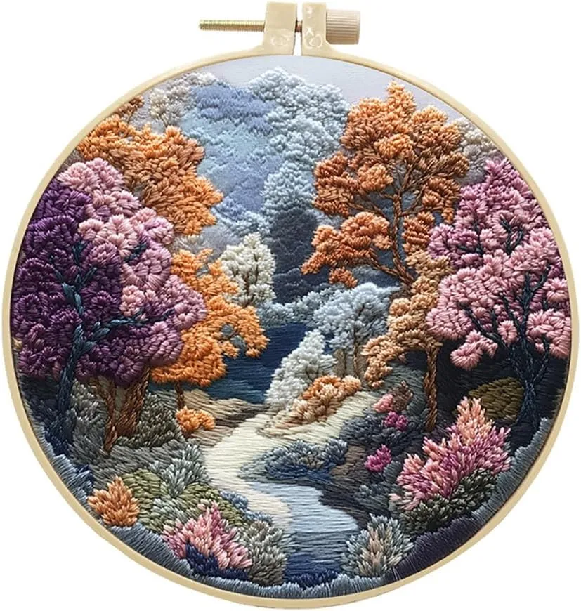 Embroidery Starter Kit for Adult Beginner with Landscape Tree Mountain River Floral Nature Scenery Pattern Cross Stitch Hand Embroidery Set DIY Cross Stitch Kits with Hoops Needles Threads