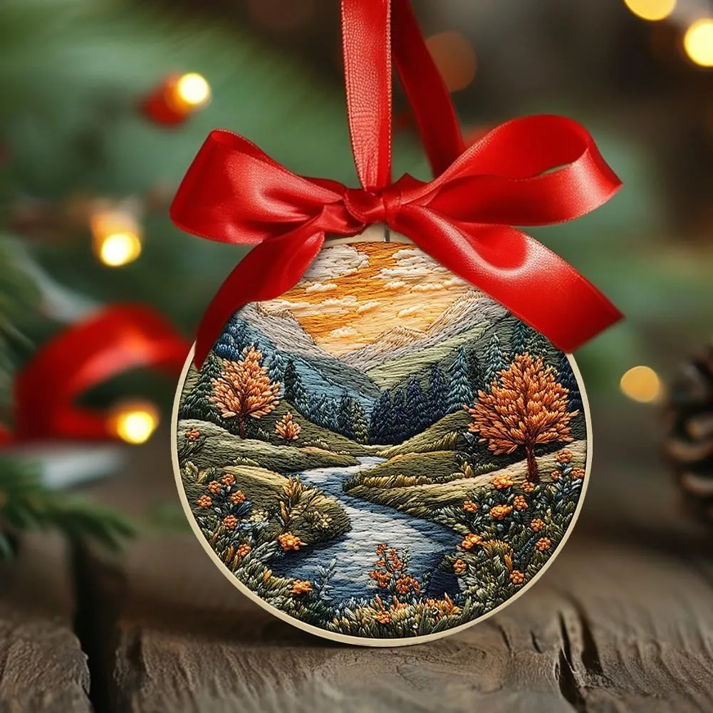 Embroidery Starter Kit for Adult Beginner with Landscape Tree Mountain River Floral Nature Scenery Pattern Cross Stitch Hand Embroidery Set DIY Cross Stitch Kits with Hoops Needles Threads