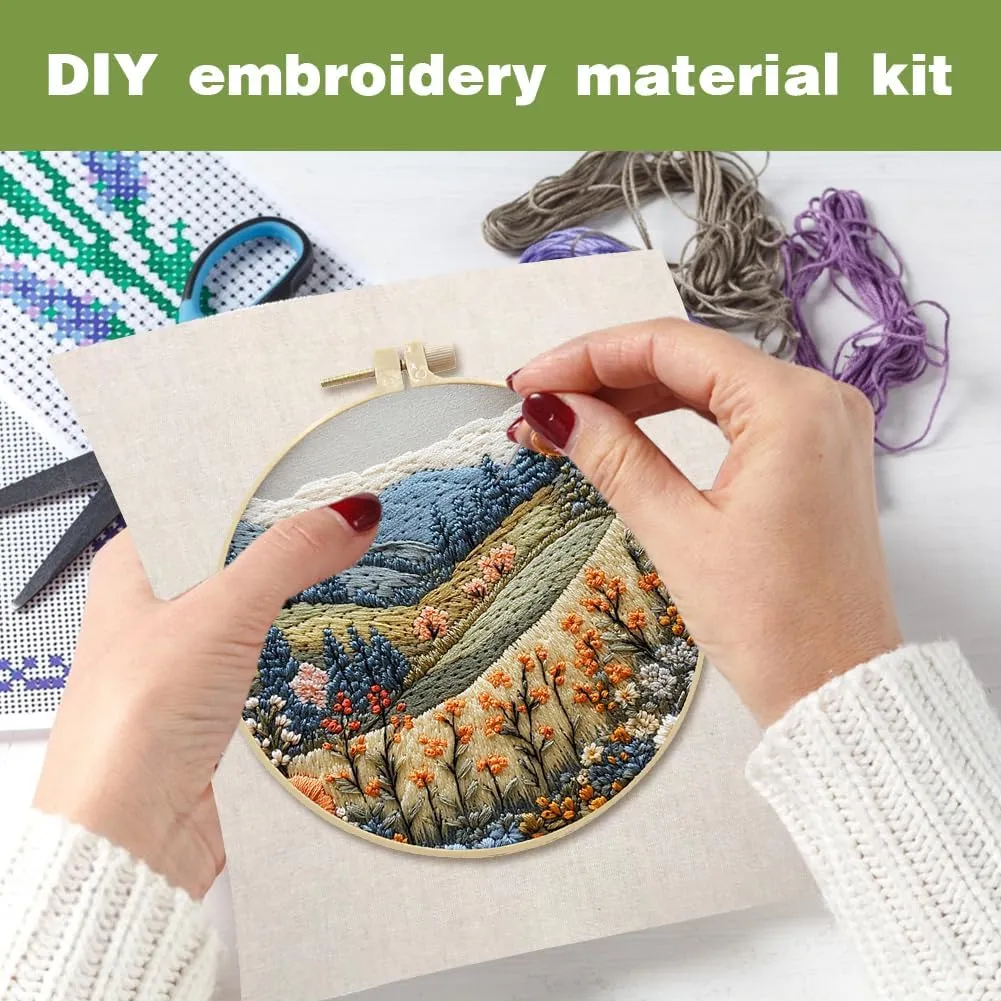 Embroidery Starter Kit for Adult Beginner with Landscape Tree Mountain River Floral Nature Scenery Pattern Cross Stitch Hand Embroidery Set DIY Cross Stitch Kits with Hoops Needles Threads