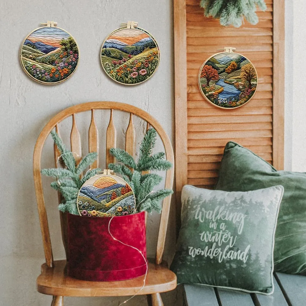 Embroidery Starter Kit for Adult Beginner with Landscape Tree Mountain River Floral Nature Scenery Pattern Cross Stitch Hand Embroidery Set DIY Cross Stitch Kits with Hoops Needles Threads