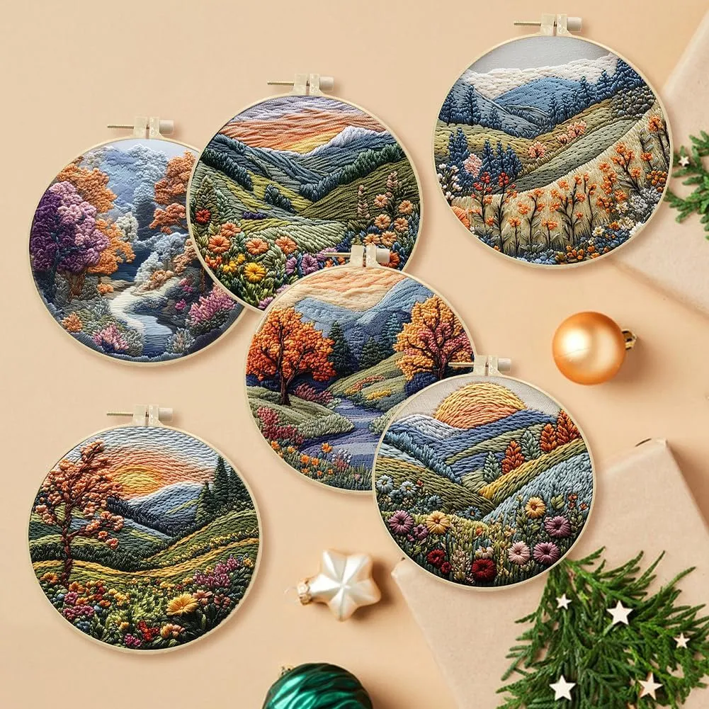 Embroidery Starter Kit for Adult Beginner with Landscape Tree Mountain River Floral Nature Scenery Pattern Cross Stitch Hand Embroidery Set DIY Cross Stitch Kits with Hoops Needles Threads