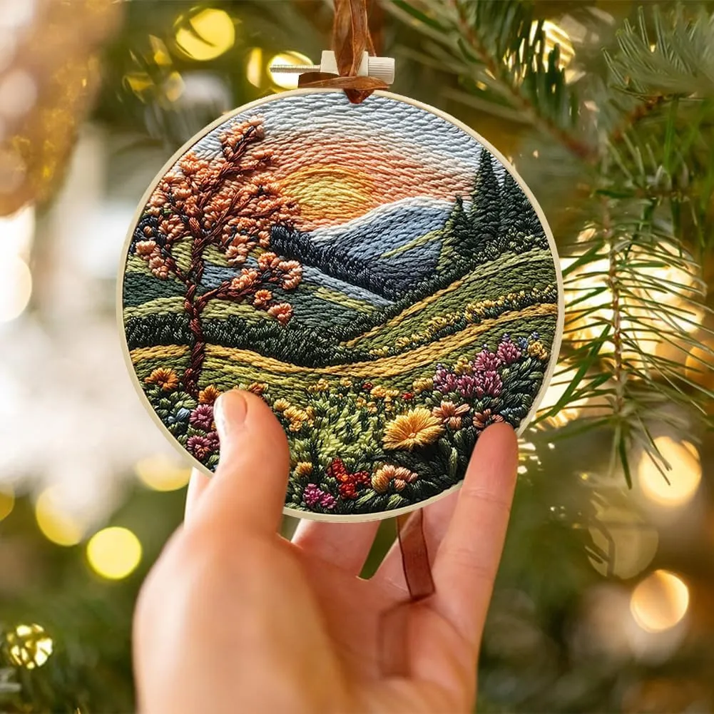 Embroidery Starter Kit for Adult Beginner with Landscape Tree Mountain River Floral Nature Scenery Pattern Cross Stitch Hand Embroidery Set DIY Cross Stitch Kits with Hoops Needles Threads