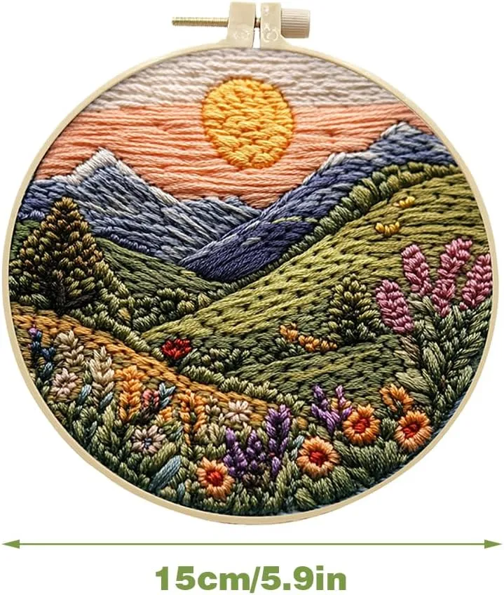 Embroidery Starter Kit for Adult Beginner with Landscape Tree Mountain River Floral Nature Scenery Pattern Cross Stitch Hand Embroidery Set DIY Cross Stitch Kits with Hoops Needles Threads