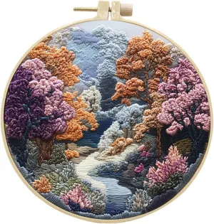 Embroidery Starter Kit for Adult Beginner with Landscape Tree Mountain River Floral Nature Scenery Pattern Cross Stitch Hand Embroidery Set DIY Cross Stitch Kits with Hoops Needles Threads