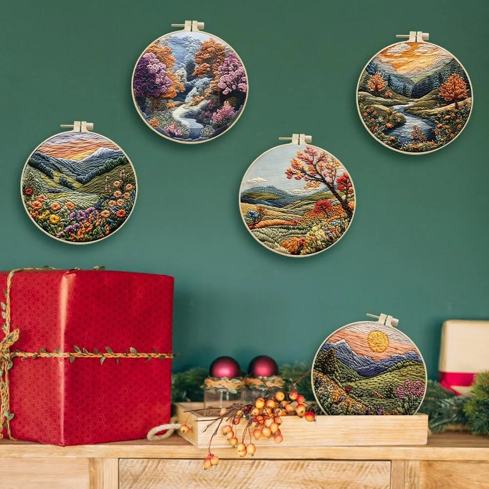 Embroidery Starter Kit for Adult Beginner with Landscape Tree Mountain River Floral Nature Scenery Pattern Cross Stitch Hand Embroidery Set DIY Cross Stitch Kits with Hoops Needles Threads