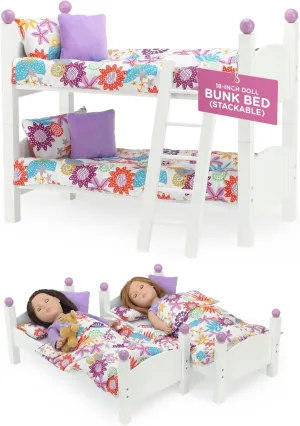 Emily Rose Doll Clothes 18-inch Doll 2 Stackable White Wooden Beds Bunk Bed with Colorful Bedding & Pillows - Bedroom Furniture Toy Bunkbed Playset - Ideal for 14"-18" Dolls | USA Business