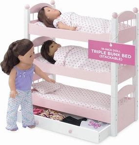 Emily Rose 18-inch Doll 3 Single Stackable Pink & White Beds - Triple Wooden Furniture Bunk Bed with 3 Bedding Sets and Clothes Storage Drawer - Toy Bedroom Accessories Playsets | USA Business