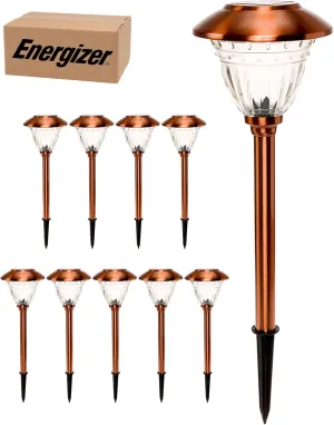 Energizer LED Solar Pathway Lights - 10 Pack of [Copper] Outdoor Solar Lights - IP65 Waterproof w/Auto On/Off - Patterned Glass and Metal Construction Coated in Copper