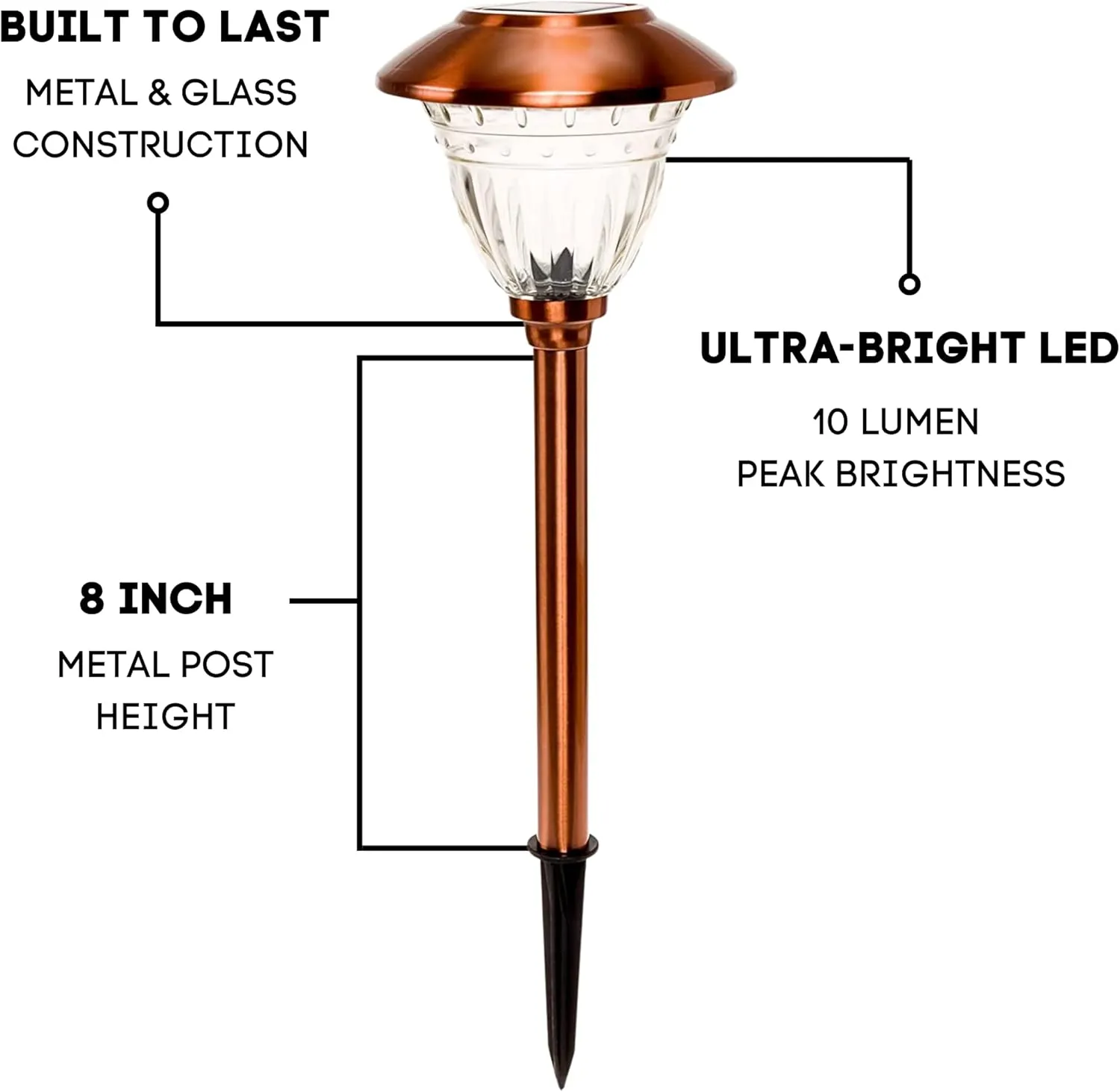 Energizer LED Solar Pathway Lights - 10 Pack of [Copper] Outdoor Solar Lights - IP65 Waterproof w/Auto On/Off - Patterned Glass and Metal Construction Coated in Copper
