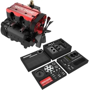 Engine Model Kit That Works for Adults, ST-NF Mini Inline Double-Cylinder Four-Stroke Air-Cooled Interal Combustion Engine Model Kit, Physics Science Model (Red
