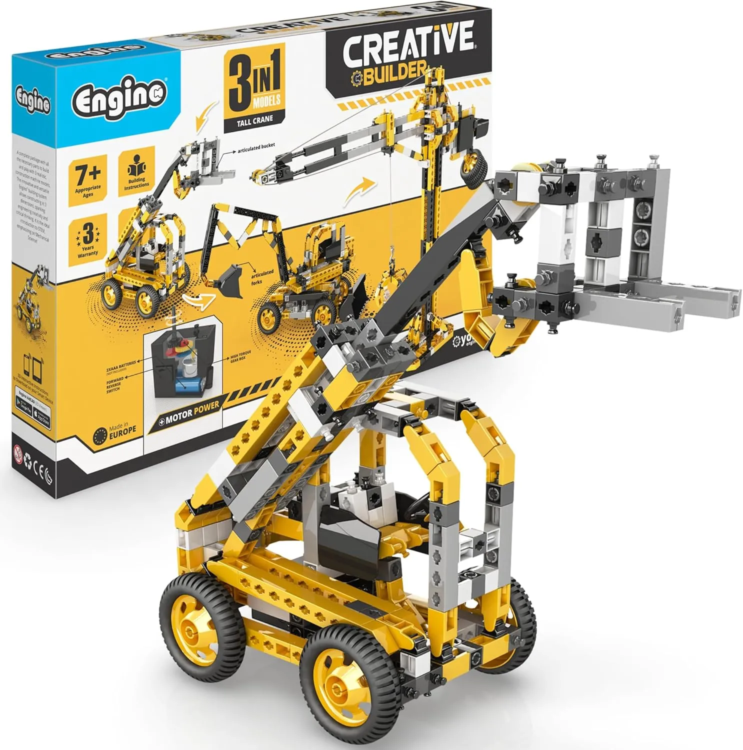 Engino: Creative Builder - 3-in-1 Tall Crane - Motor Powered Model Brick Set, Machinery Series, Snap Assembly, Engineer Construction STEM Kit, Kids 7 