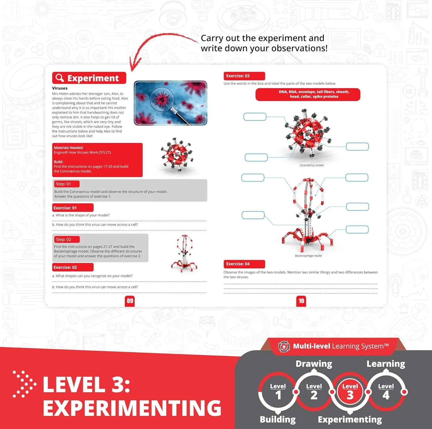Engino: STEAM Labs Junior: How Viruses Works - 2 Model Brick Building Set, Toybook Series, Experiment & Art Activities, Play & Learn Science, Kids 8 
