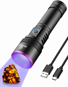 Esgofo UV Flashlight 365nm Powerful, Large 4-Core High Power LED Ultraviolet Blacklight Rechargeable USB C, Handheld Big Ultraviolet Black Flash Light for Pet Urine Detection Scorpion Resin Curing
