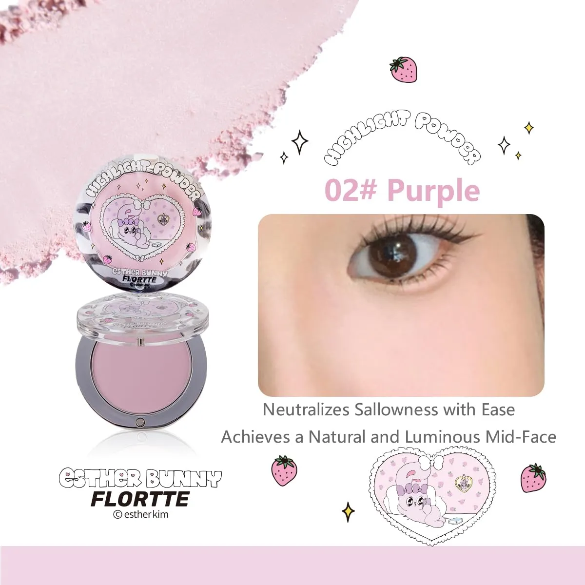 Esther Bunny Single-Colour Highlighter, 3 Colors, Soft-Focus Face Makeup (02#Purple, standard code)