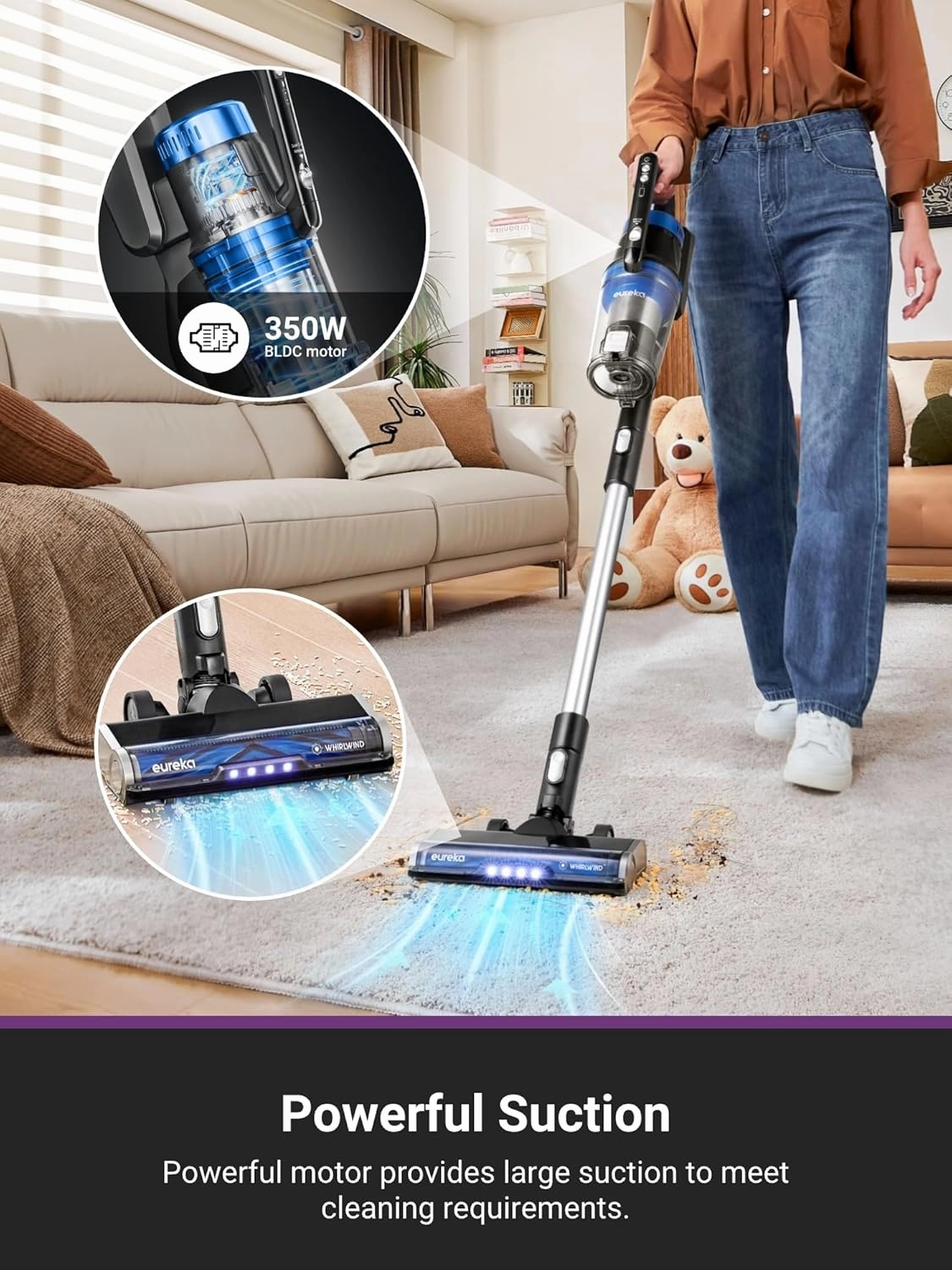 Eureka Cordless Vacuum Cleaner, Vacuum Cleaner for Home Rechargeable, Lightweight Stick Vacuum for Hardwood and Pet Hair, Blue w/Clean Station, NEC490BL