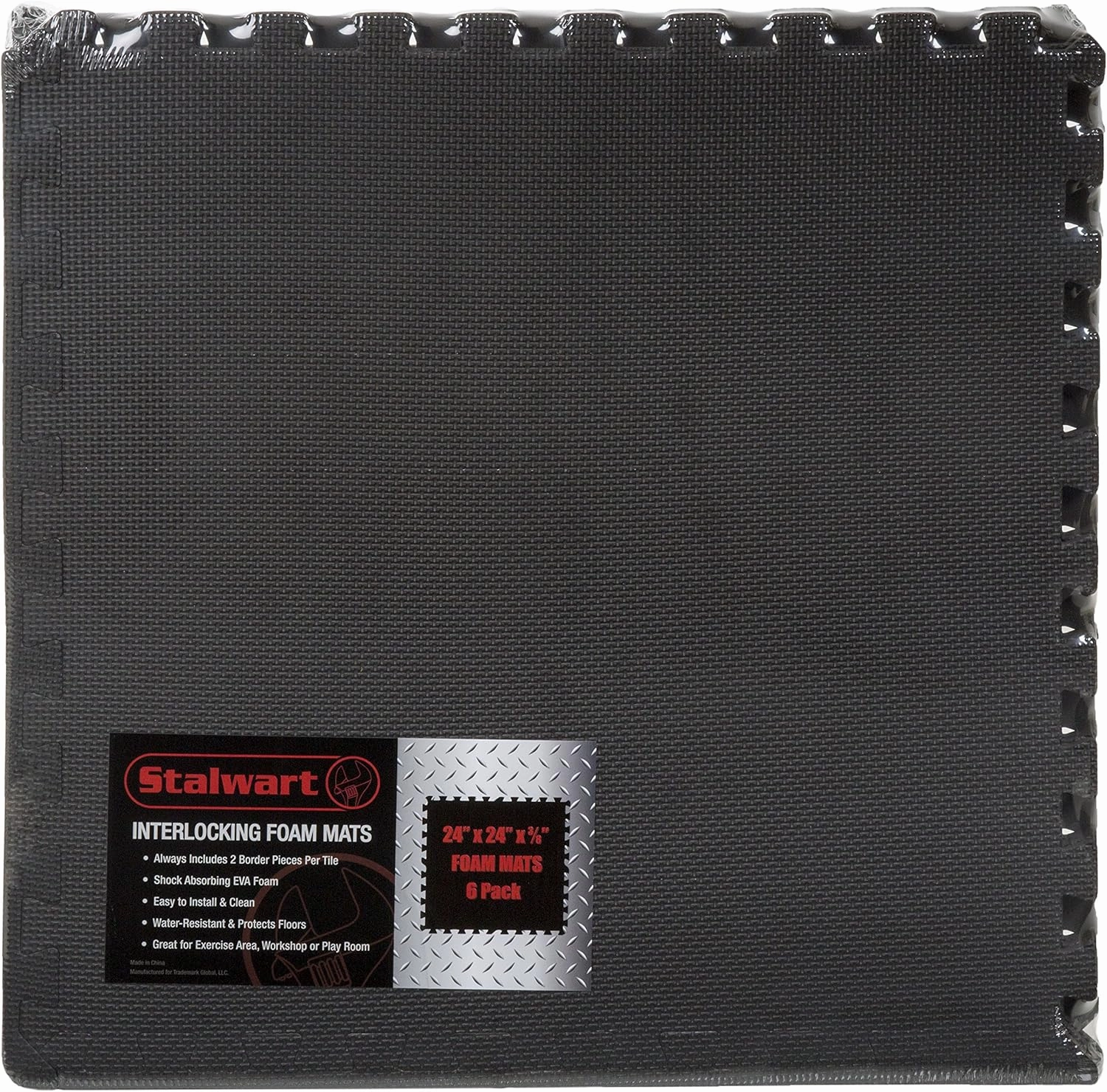 EVA Foam Mat Tiles 6-Pack - 24 SQ FT of Interlocking Padding for Garage, Playroom, or Gym Flooring - Exercise Mat or Baby Playmat by Stalwart (Black)