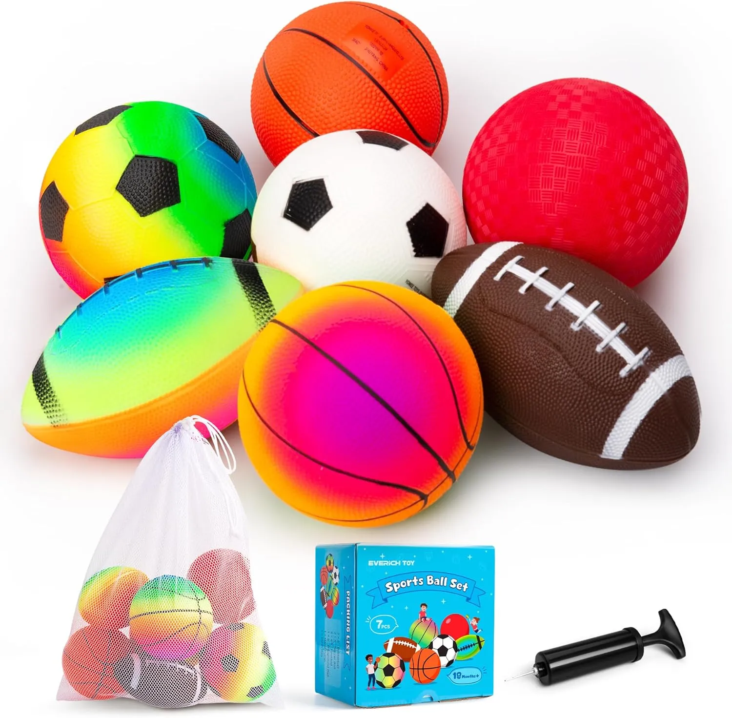 EVERICH Balls for Toddlers 1-3, 7 Pcs 5" Playground Balls for Kids, Soft Rubber Small Sports Ball Set with Football, Basketball, Soccer, Indoor Outdoor Toddler Toys Games Birthday Gifts for Boys Girls