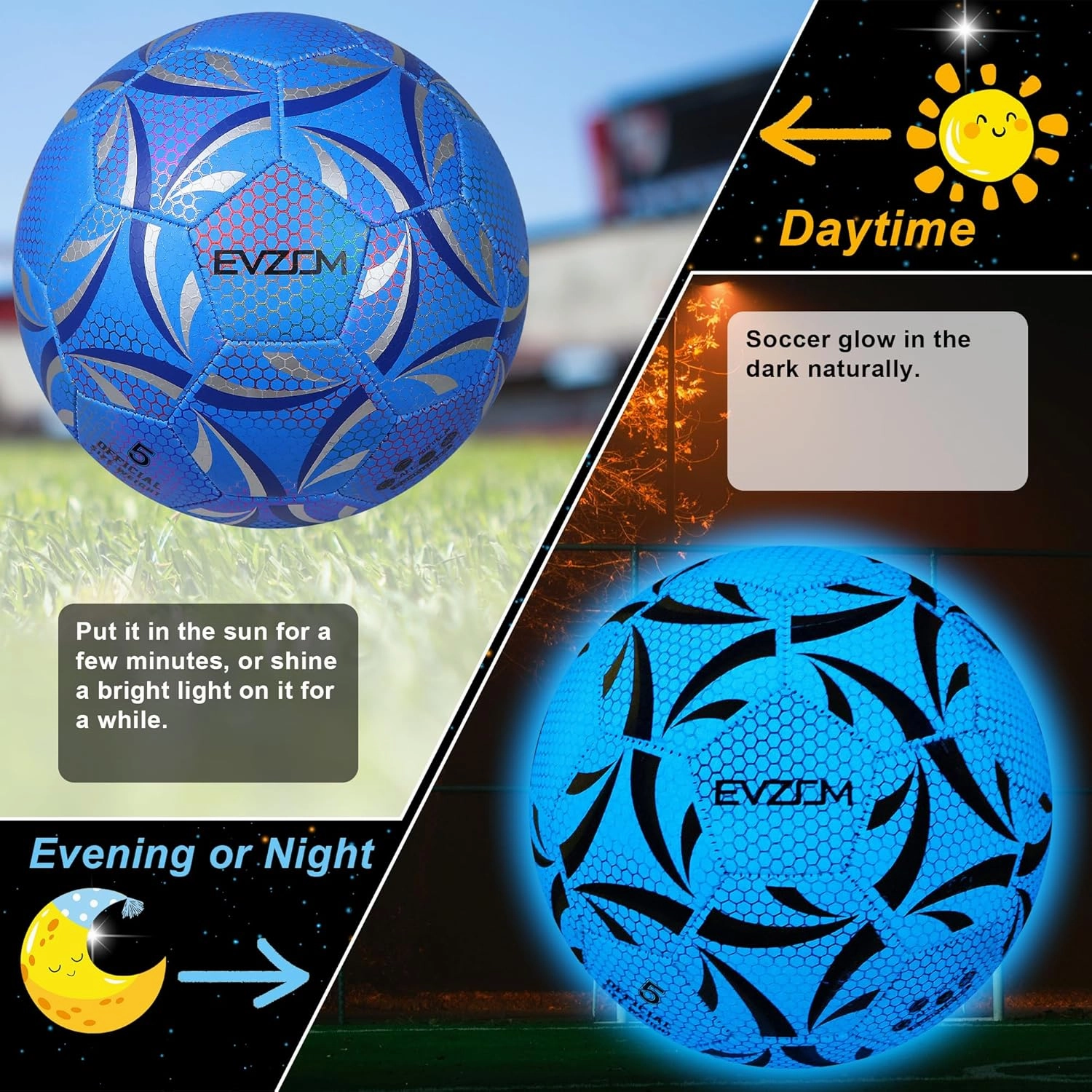 EVZOM Soccer Ball Luminous Official Match Game American Soccer Ball Size 3,Size 4,Size 5 for Boys,Girls,Kids,Adult Outdoors Indoors Sports Ball Training