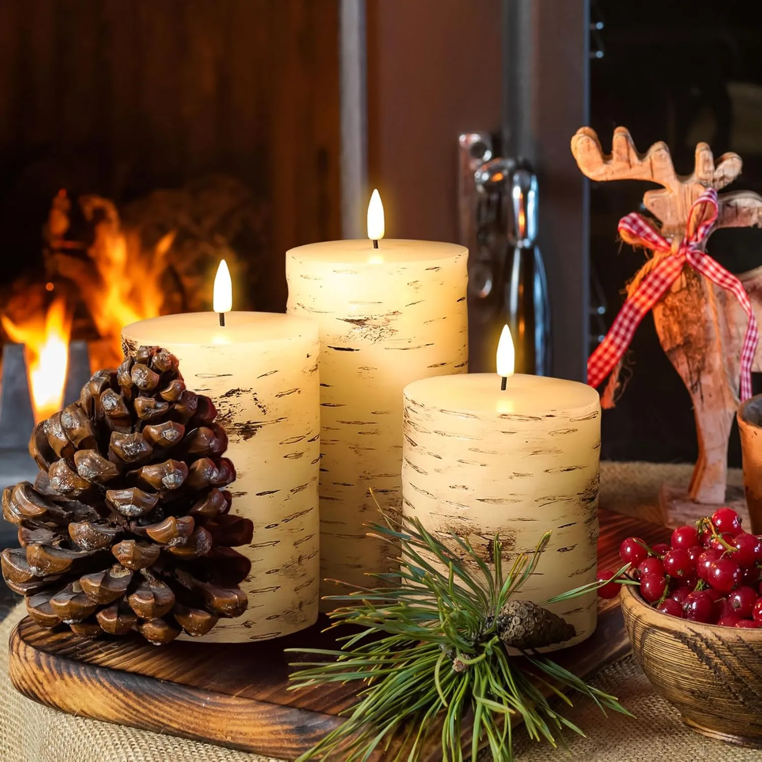 Eywamage Birch Bark Flameless Pillar Candles with Remote, Flickering Rustic Battery LED Wood Candles Set of 3
