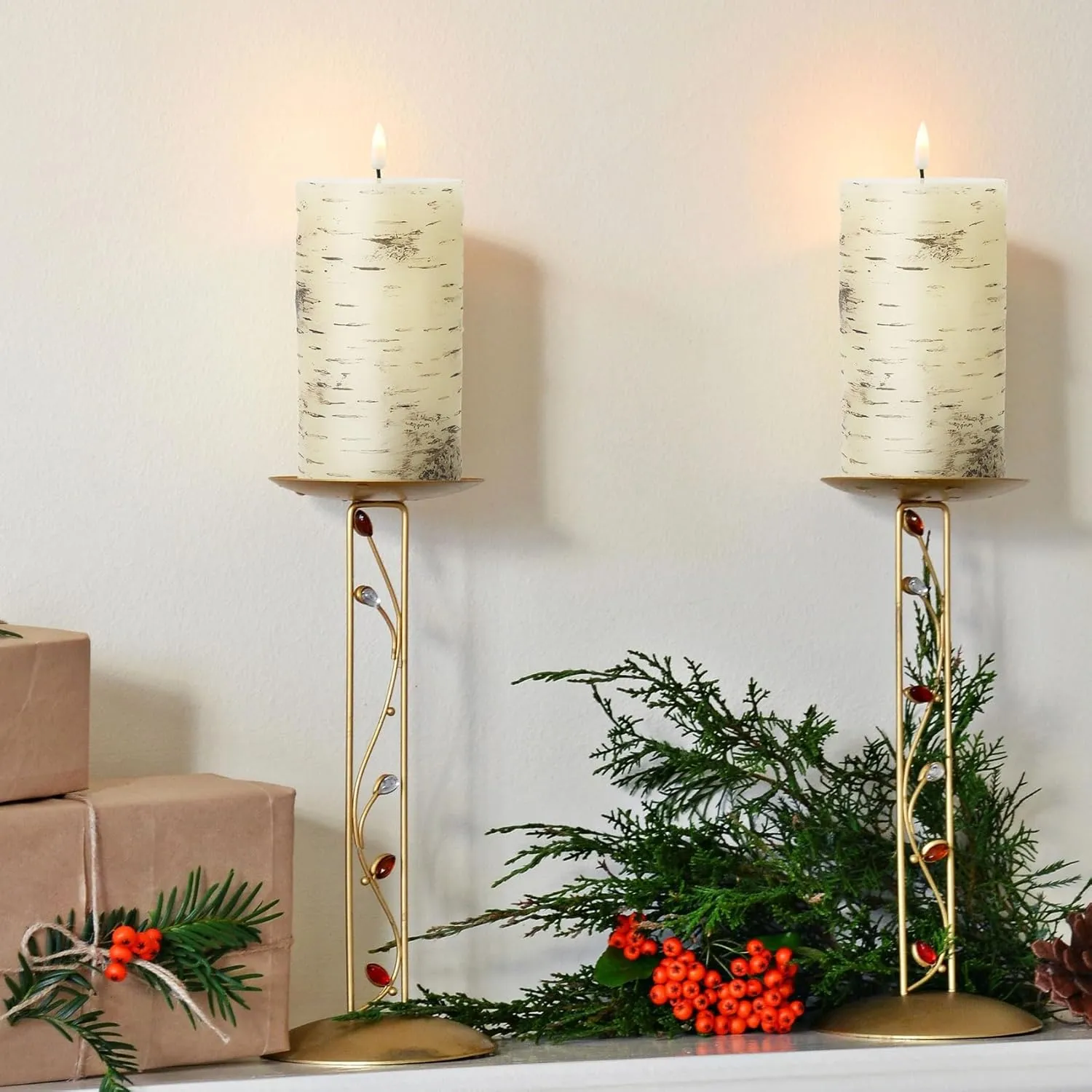 Eywamage Birch Bark Flameless Pillar Candles with Remote, Flickering Rustic Battery LED Wood Candles Set of 3
