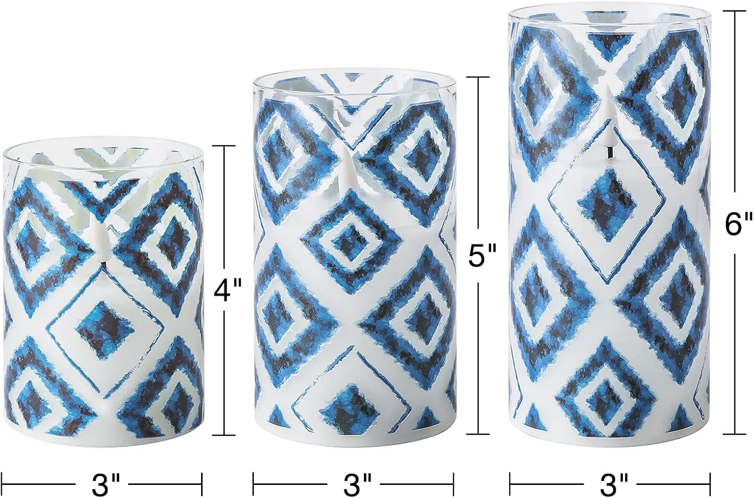 Eywamage Blue Geometric Flameless Candles in Glass Jars, Flickering Battery LED Pillar Candles with Remote Set of 3