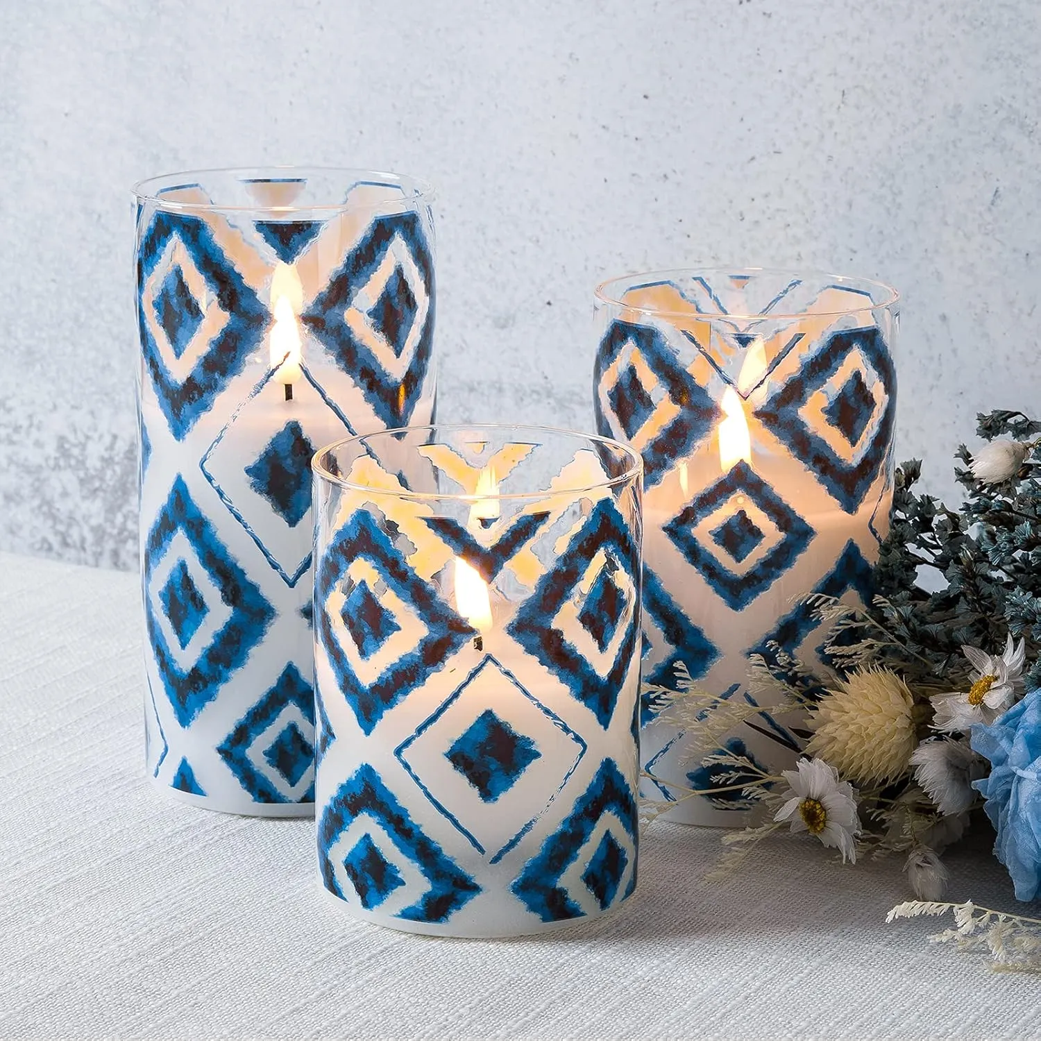 Eywamage Blue Geometric Flameless Candles in Glass Jars, Flickering Battery LED Pillar Candles with Remote Set of 3