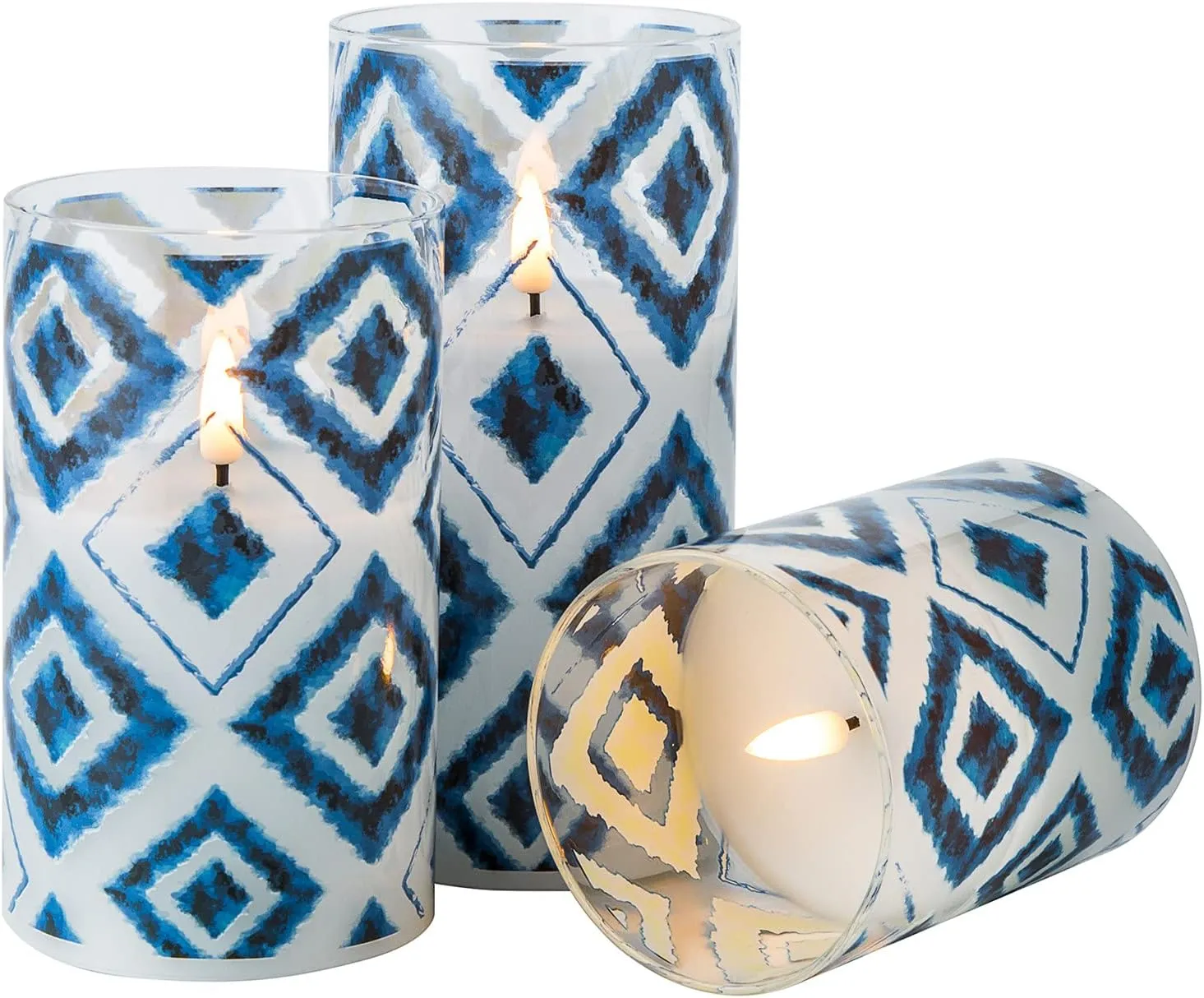 Eywamage Blue Geometric Flameless Candles in Glass Jars, Flickering Battery LED Pillar Candles with Remote Set of 3