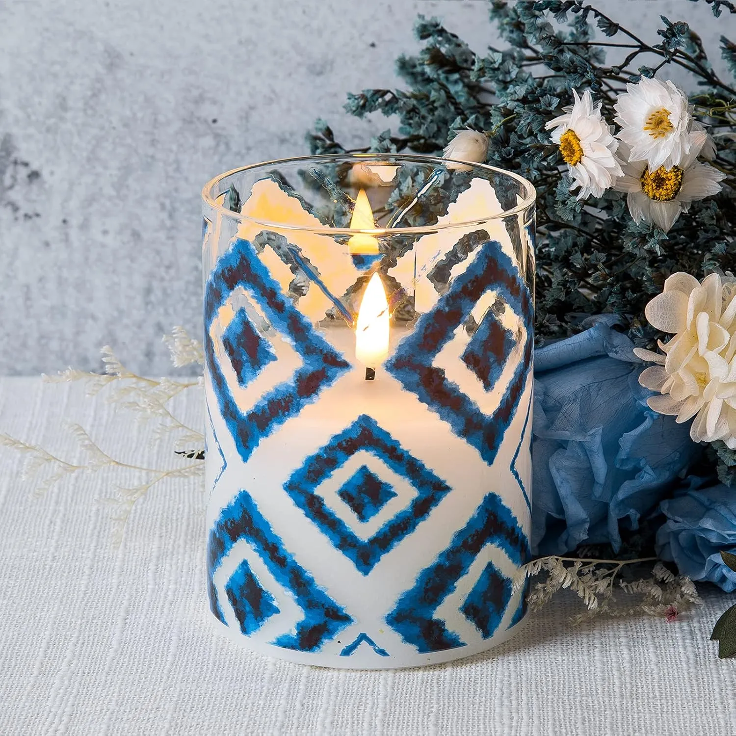 Eywamage Blue Geometric Flameless Candles in Glass Jars, Flickering Battery LED Pillar Candles with Remote Set of 3