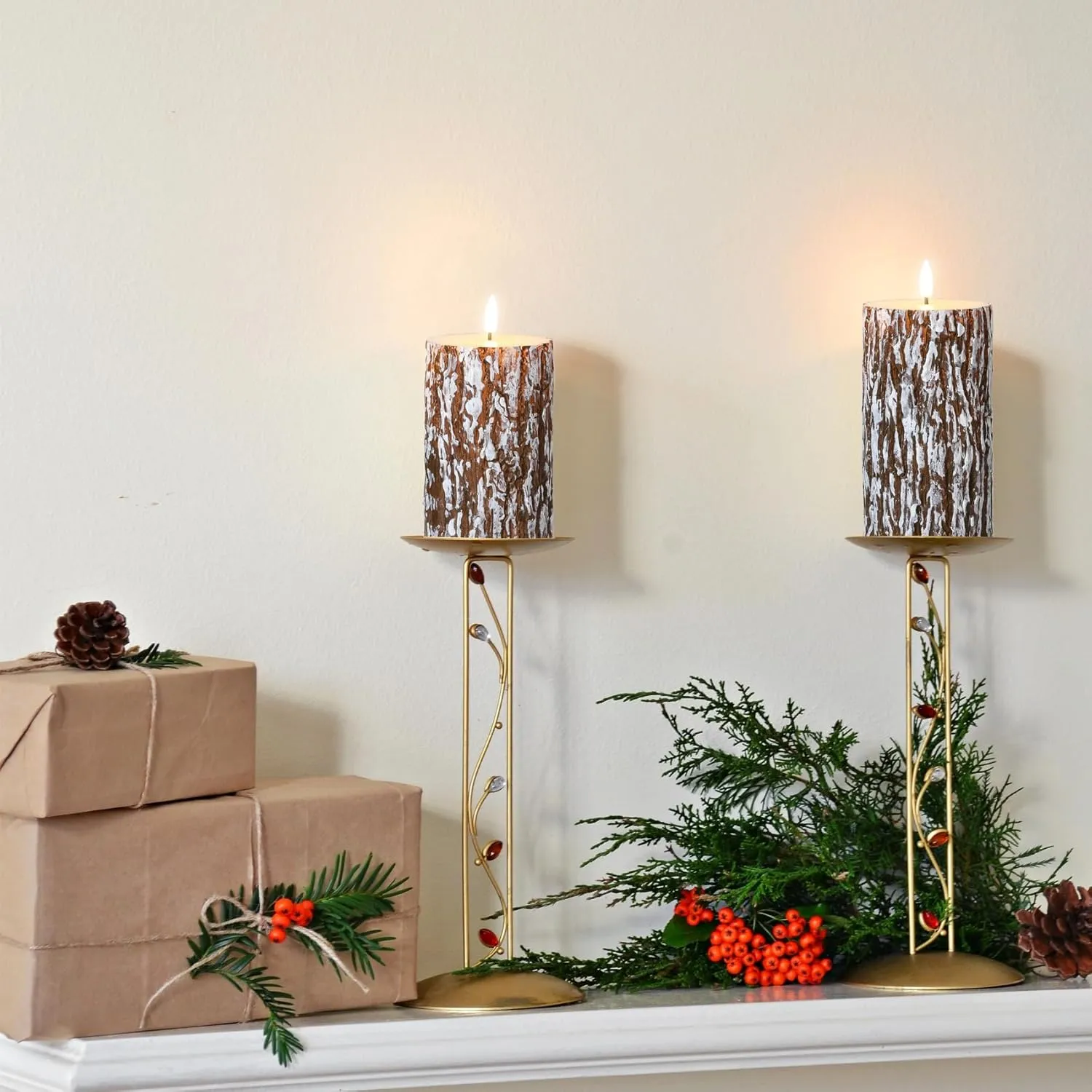 Eywamage Brown Pine Bark Flameless Pillar Candles with Remote, Farmhouse Battery Operated LED Wood Candles Set of 3