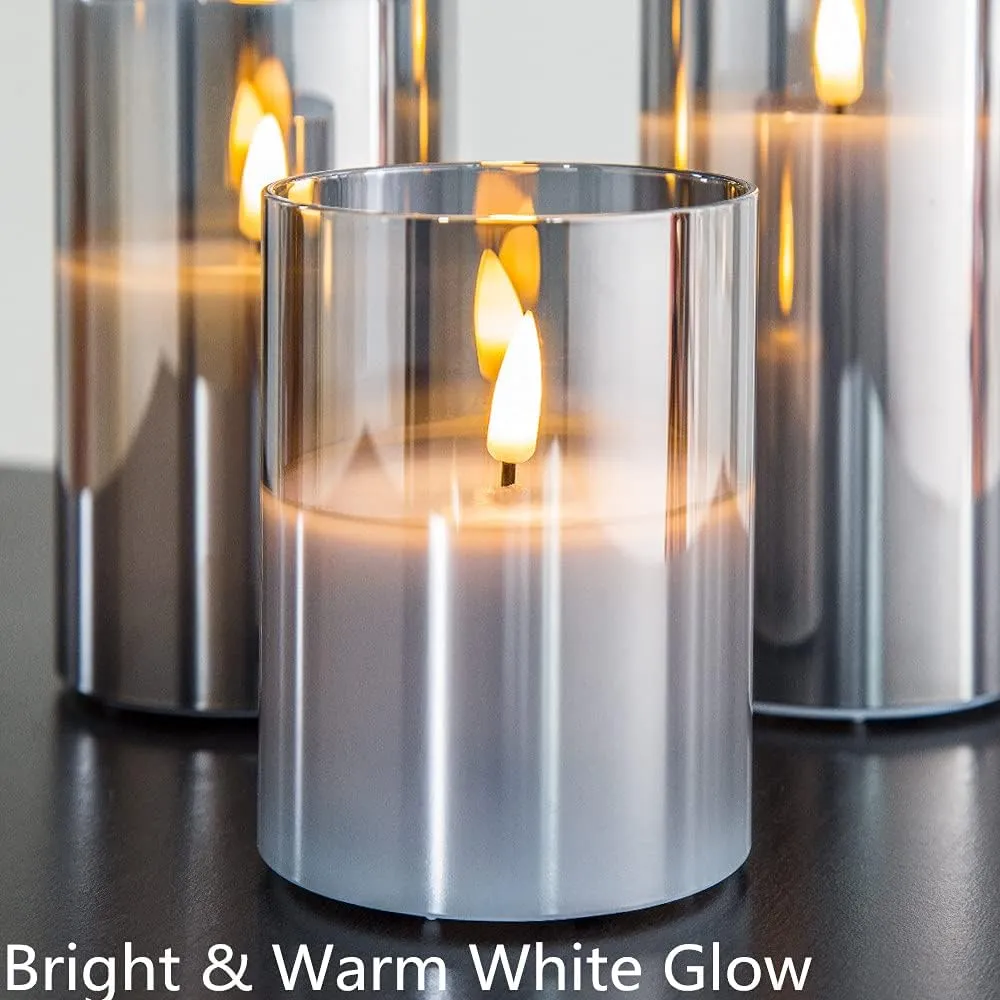 Eywamage Grey Glass Flameless Candles with Remote, Flickering Battery Operated LED Pillar Candles Set of 3, Home Decor