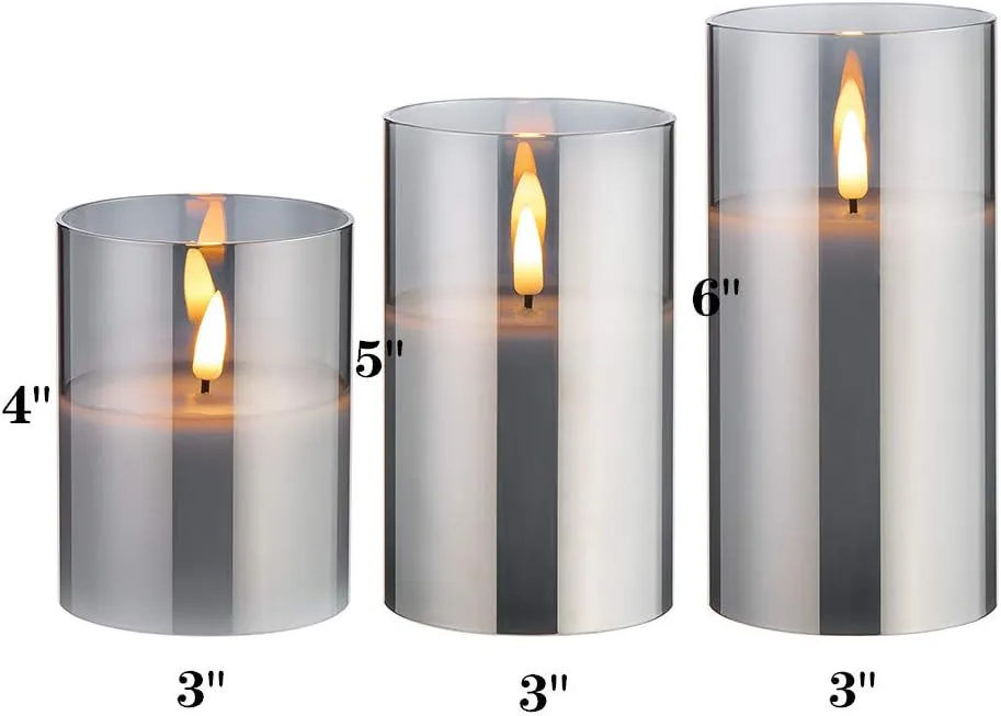 Eywamage Grey Glass Flameless Candles with Remote, Flickering Battery Operated LED Pillar Candles Set of 3, Home Decor