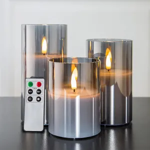 Eywamage Grey Glass Flameless Candles with Remote, Flickering Battery Operated LED Pillar Candles Set of 3, Home Decor