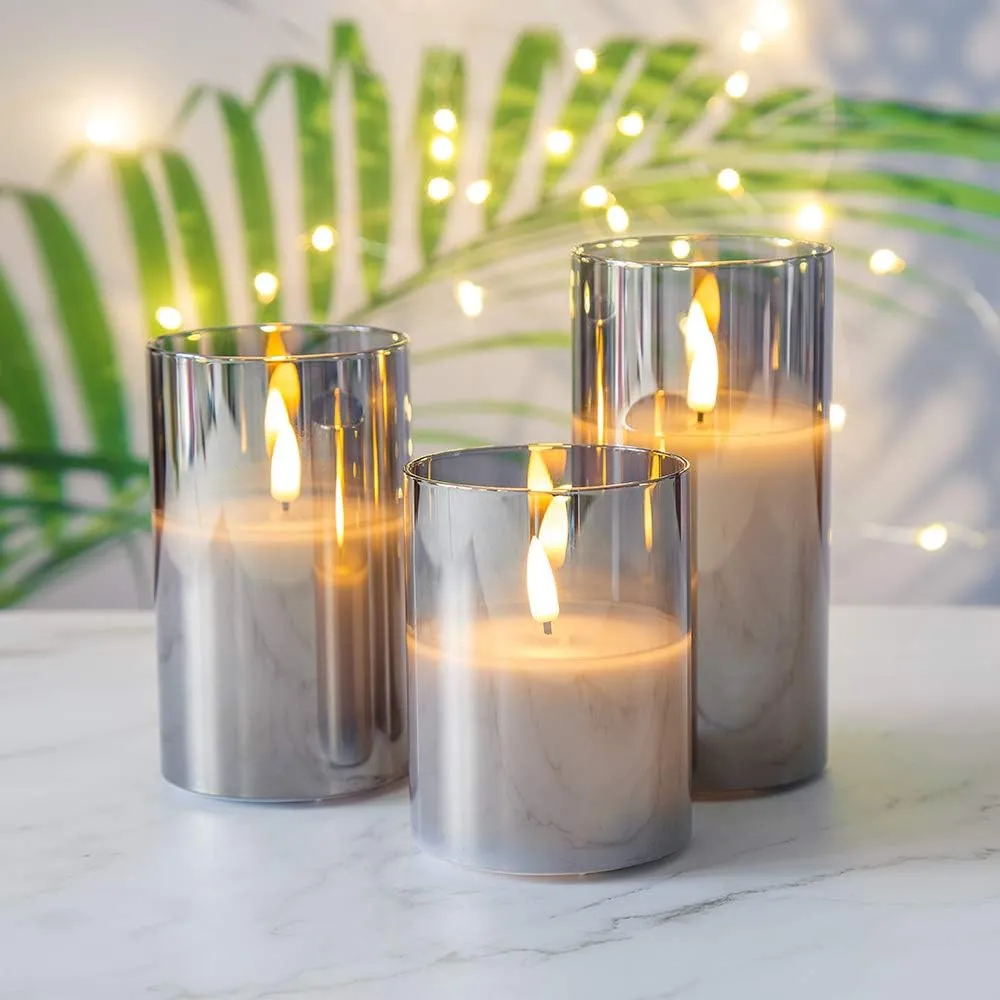 Eywamage Grey Glass Flameless Candles with Remote, Flickering Battery Operated LED Pillar Candles Set of 3, Home Decor